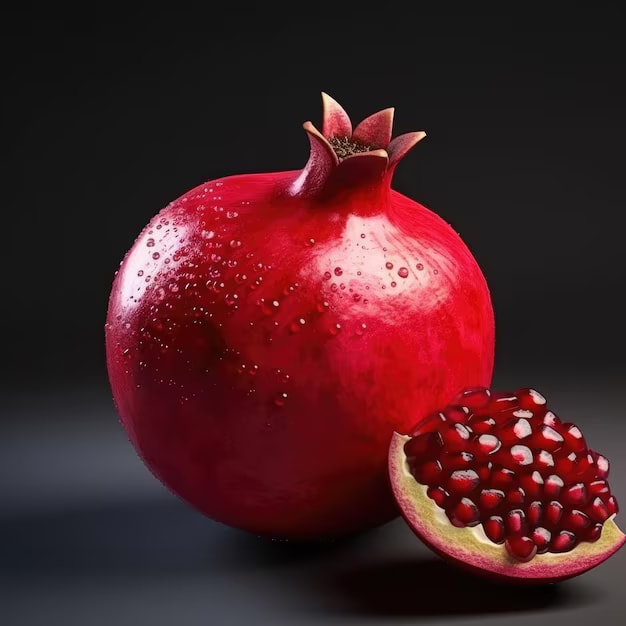 A whole pomegranate fruit photographed against a dark studio background.