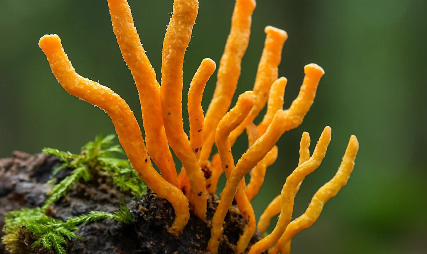 Cordyceps militaris fungi growing from moss-covered substrate — branching orange fruiting bodies in macro detail.