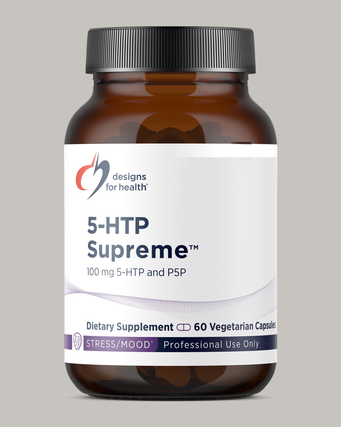Designs for Health 5-HTP Supreme bottle, 60 capsules, on a soft warm-grey studio background