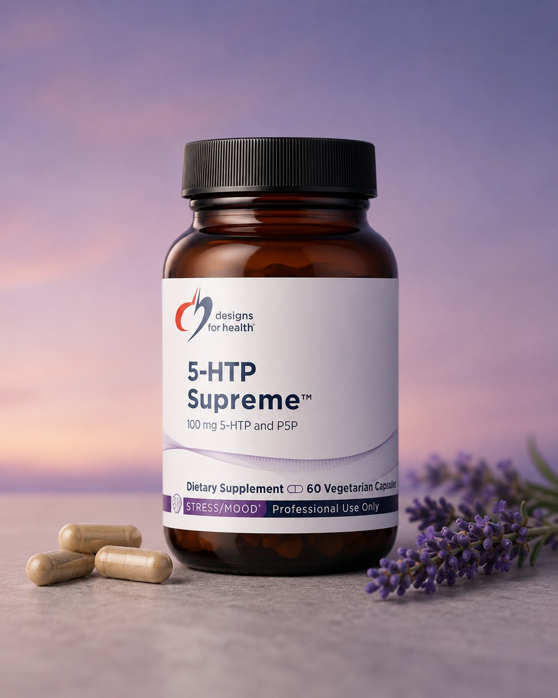 Designs for Health 5-HTP Supreme bottle, 60 capsules, on a soft warm-grey studio background