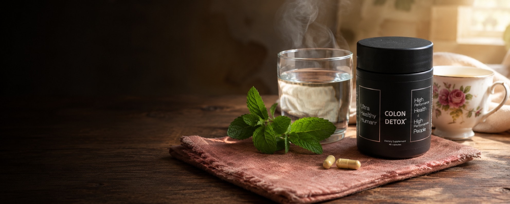 Quiet morning ritual with Colon Detox capsules, warm water, and peppermint