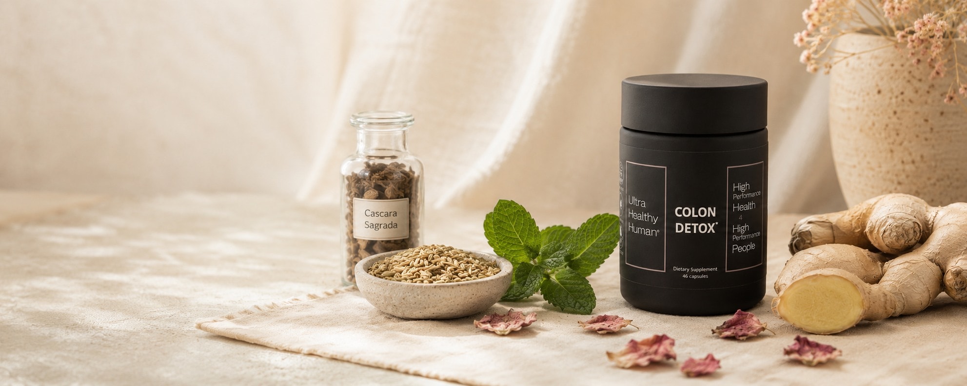 Four organic botanicals in Colon Detox: Cascara Sagrada, Ginger, Fennel, Peppermint