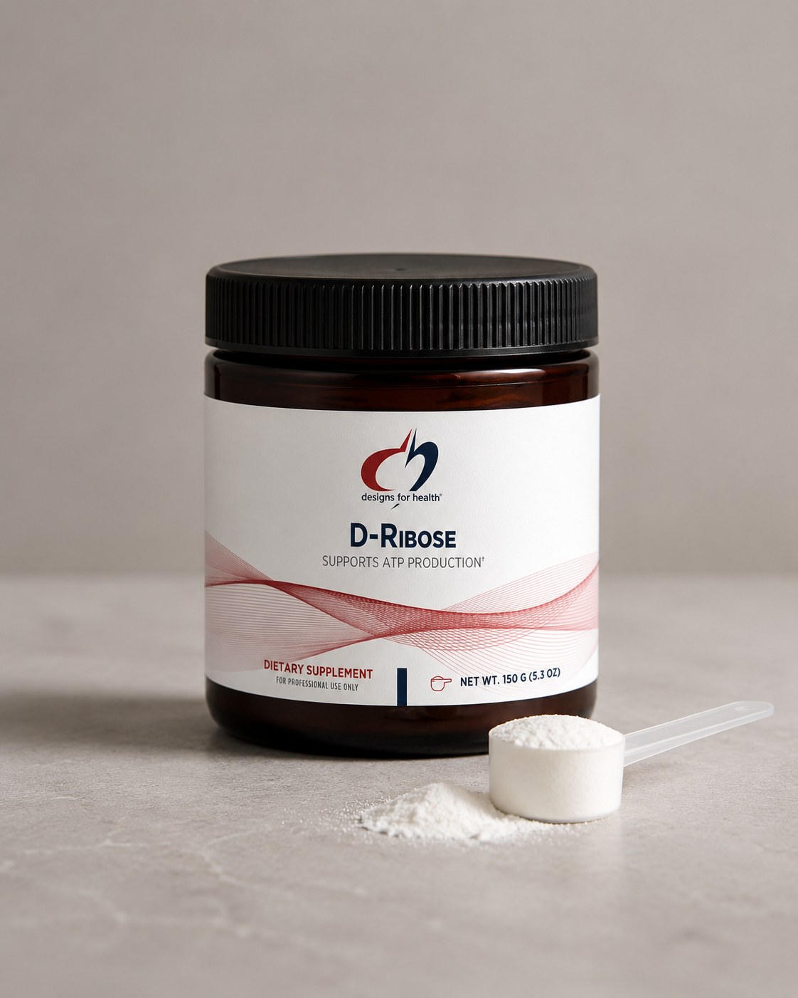 Designs for Health D-Ribose unflavored powder, 150 g tub, on a soft warm-grey studio background