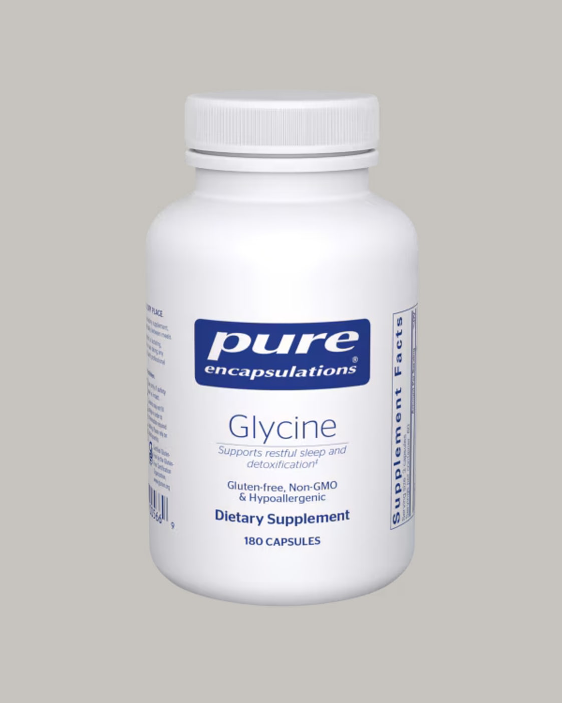 Glycine bottle from Pure Encapsulations on a dark surface