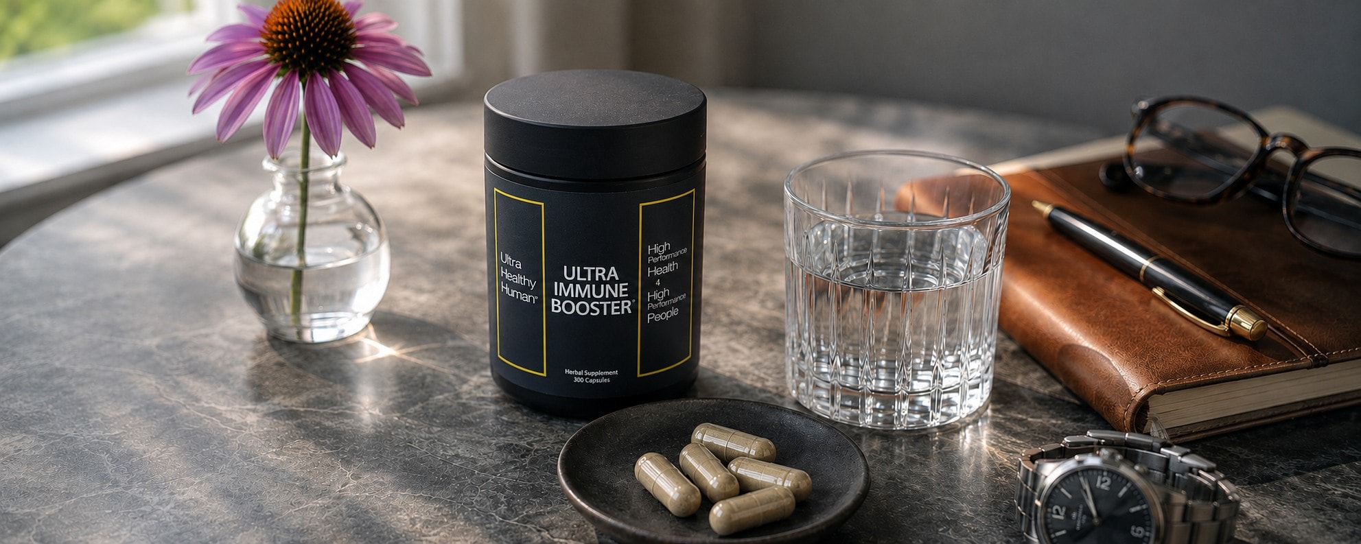 Ultra Immune Booster daily protocol: five capsules, water, a leather journal on a morning desk