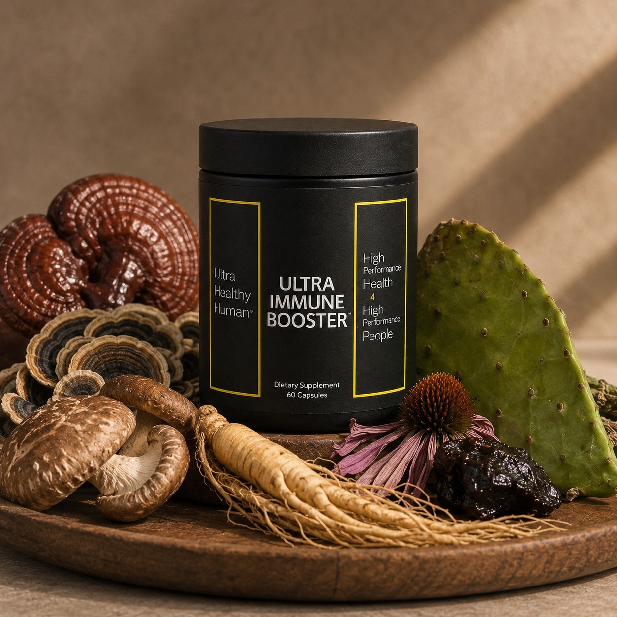 Ultra Immune Booster six-front immune formula, twenty botanicals including four medicinal mushrooms, dual ginseng, and Shilajit at 40% fulvic acids