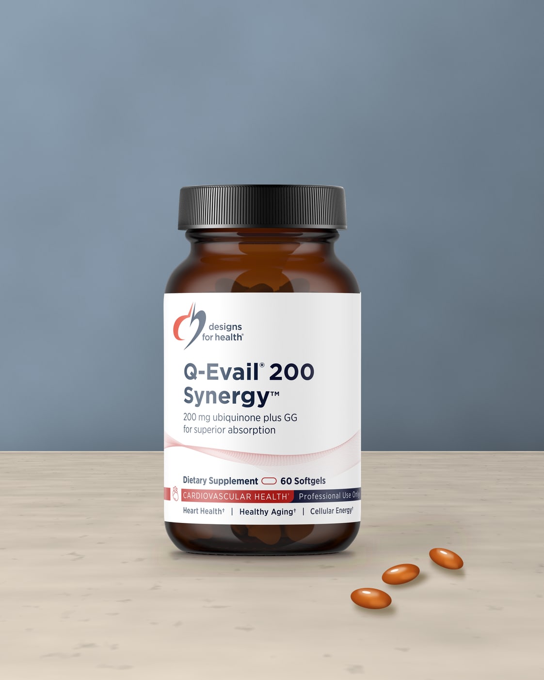 Designs for Health Q-Evail 200 Synergy bottle, 60 softgels, on a soft warm-grey studio background