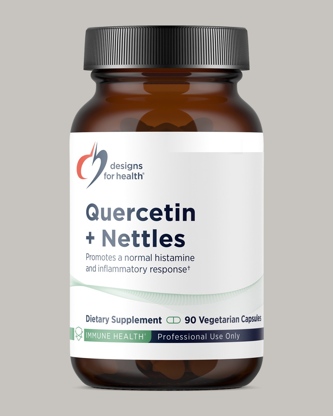 Designs for Health Quercetin + Nettles bottle, 90 vegetarian capsules, on a soft warm-grey studio background