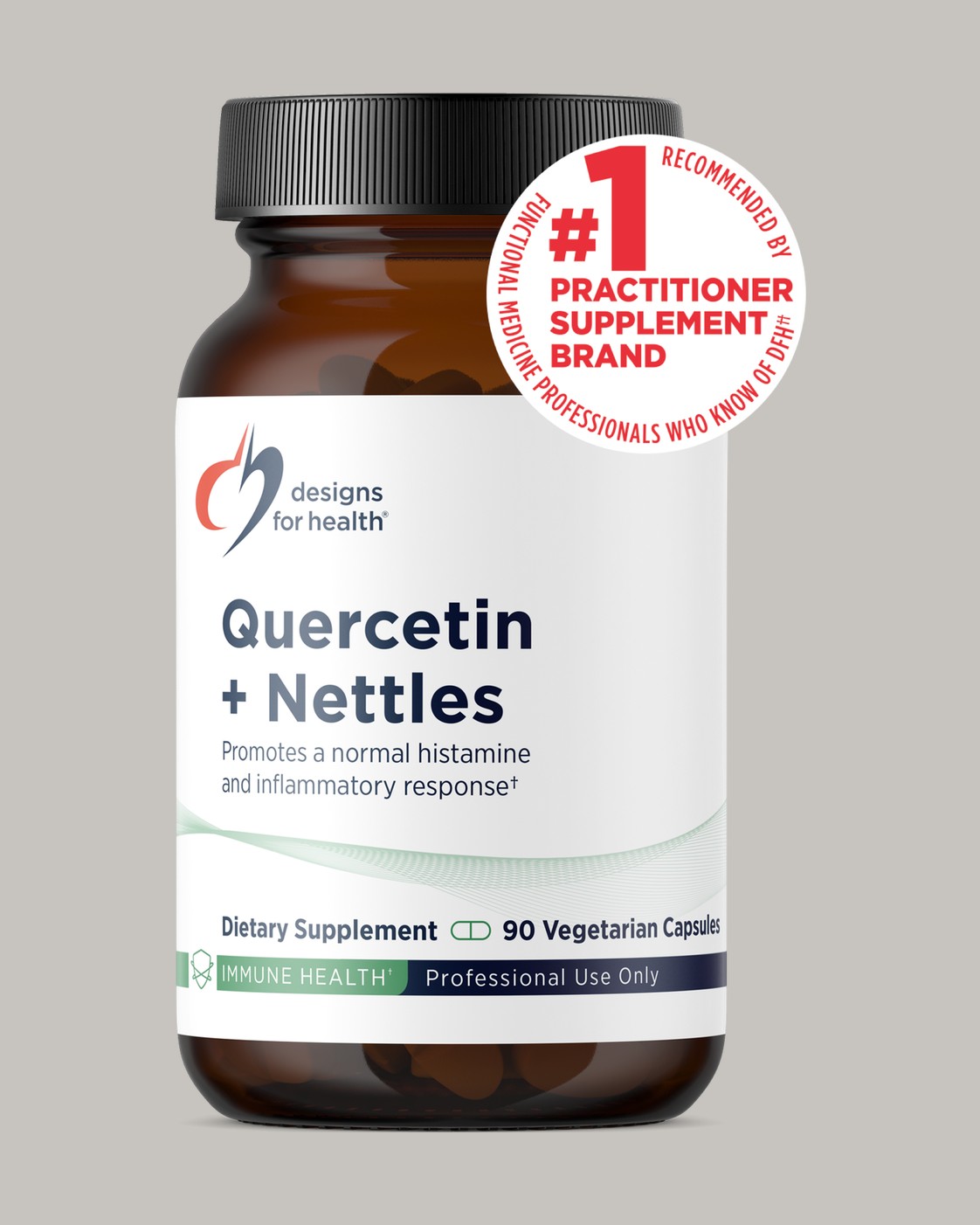 Designs for Health Quercetin + Nettles bottle, 90 vegetarian capsules, on a soft warm-grey studio background