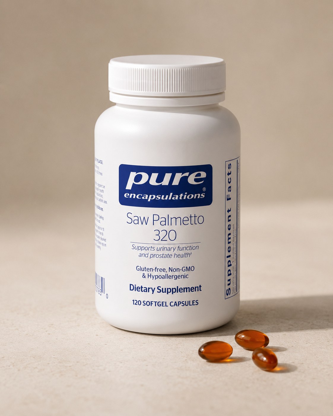 Pure Encapsulations Saw Palmetto 320 bottle, 120 softgels, on a soft warm-grey studio background