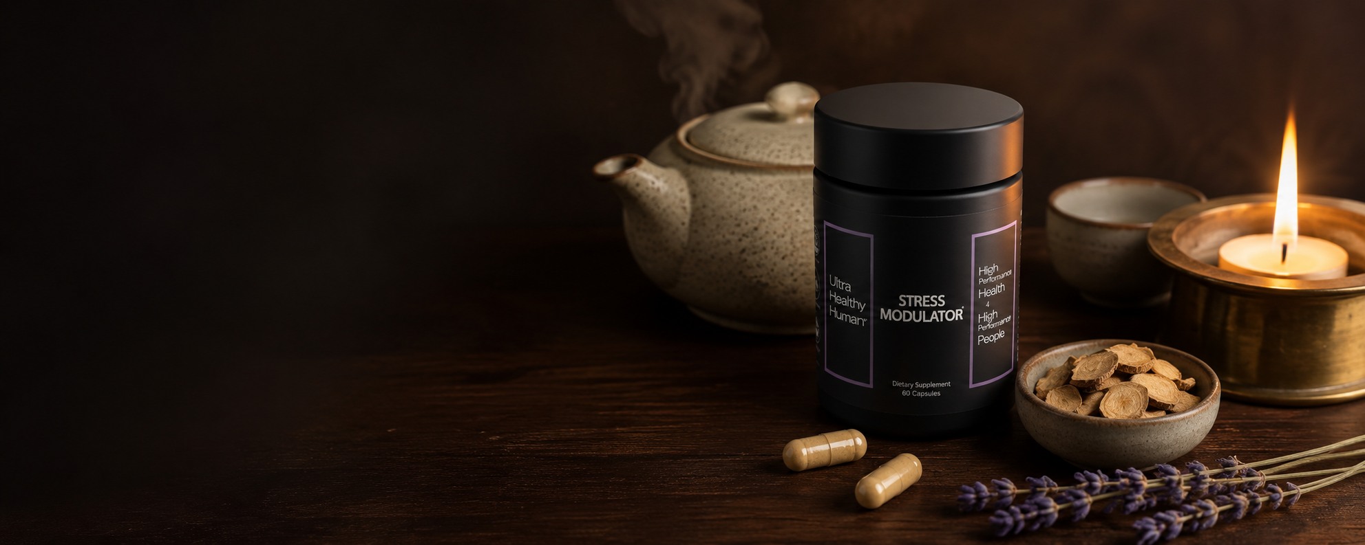 Evening wind-down with Stress Modulator capsules, warm tea, and candlelight