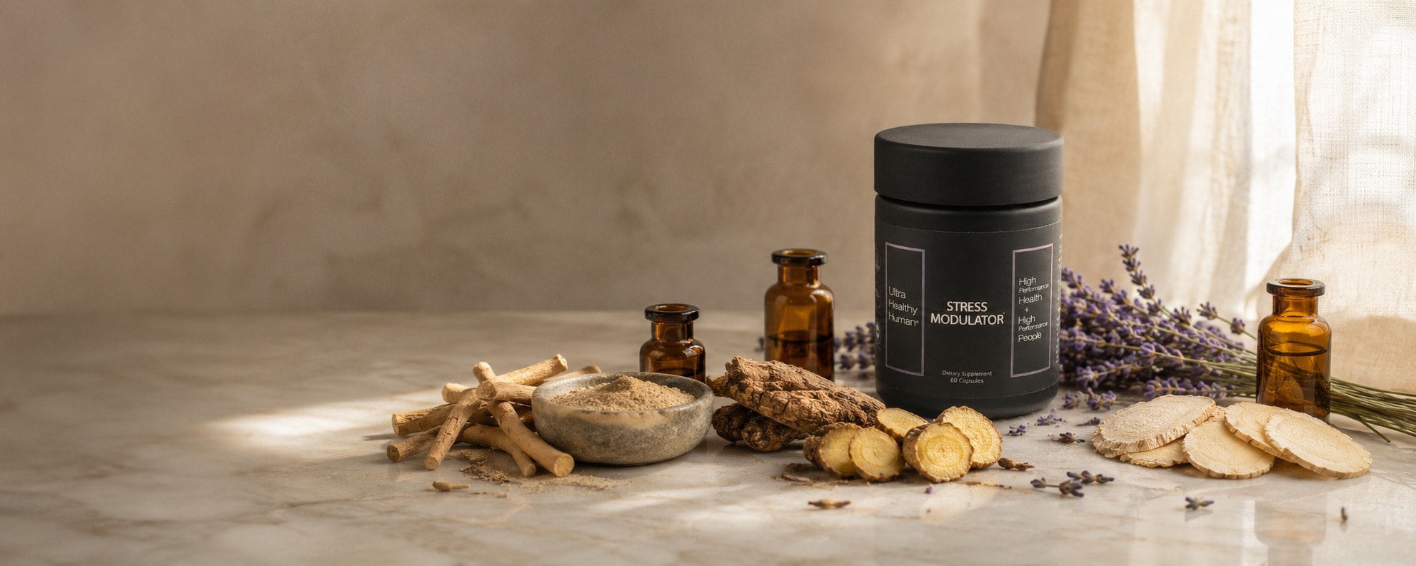 The three adaptogens in Stress Modulator: Ashwagandha, Rhodiola, and Astragalus