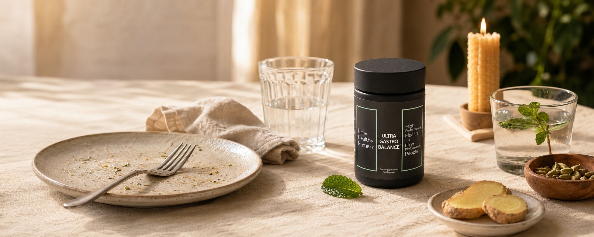 Ultra Gastro Balance at the end of a meal with peppermint, cardamom, and ginger