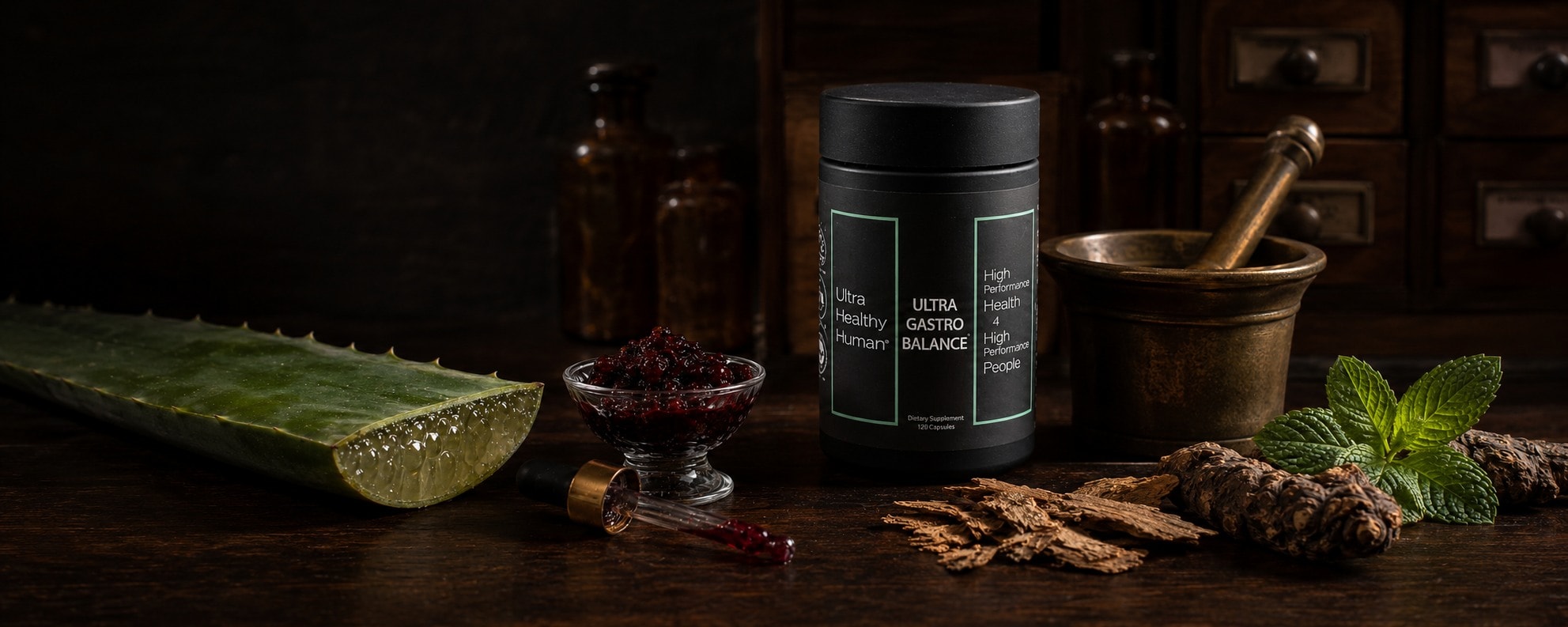 Aloe Vera 200:1 concentrate and Croton Lechleri Dragon's Blood resin on an apothecary bench