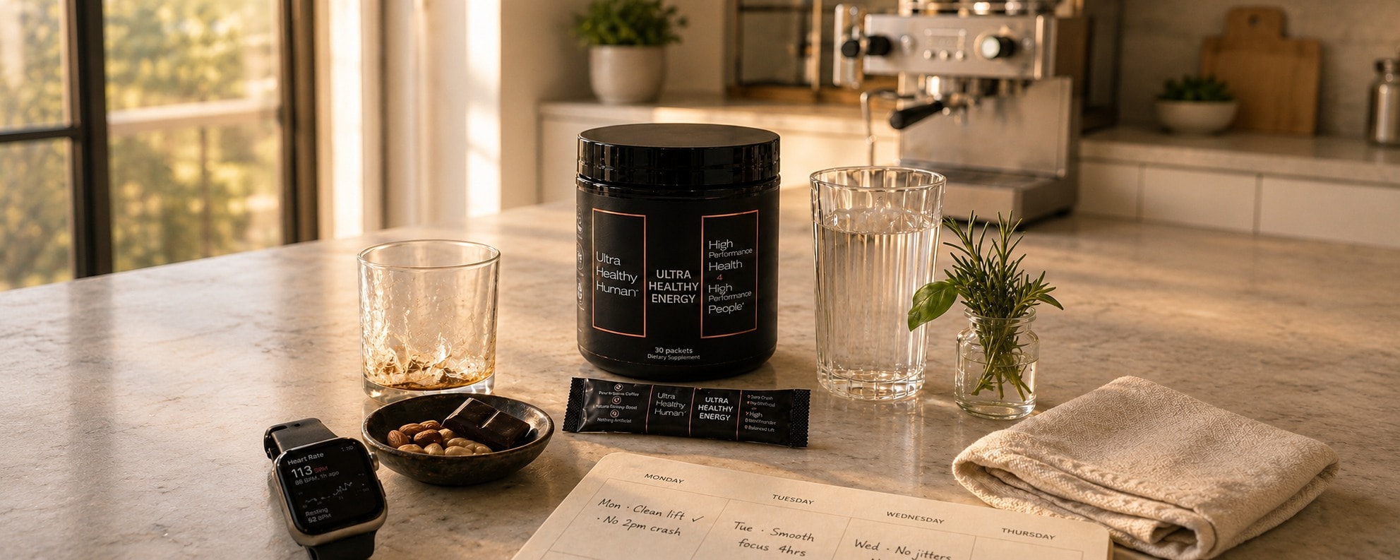 Ultra Healthy Energy sustained afternoon: the packet and glass mid-afternoon, a watch, a workspace in steady use