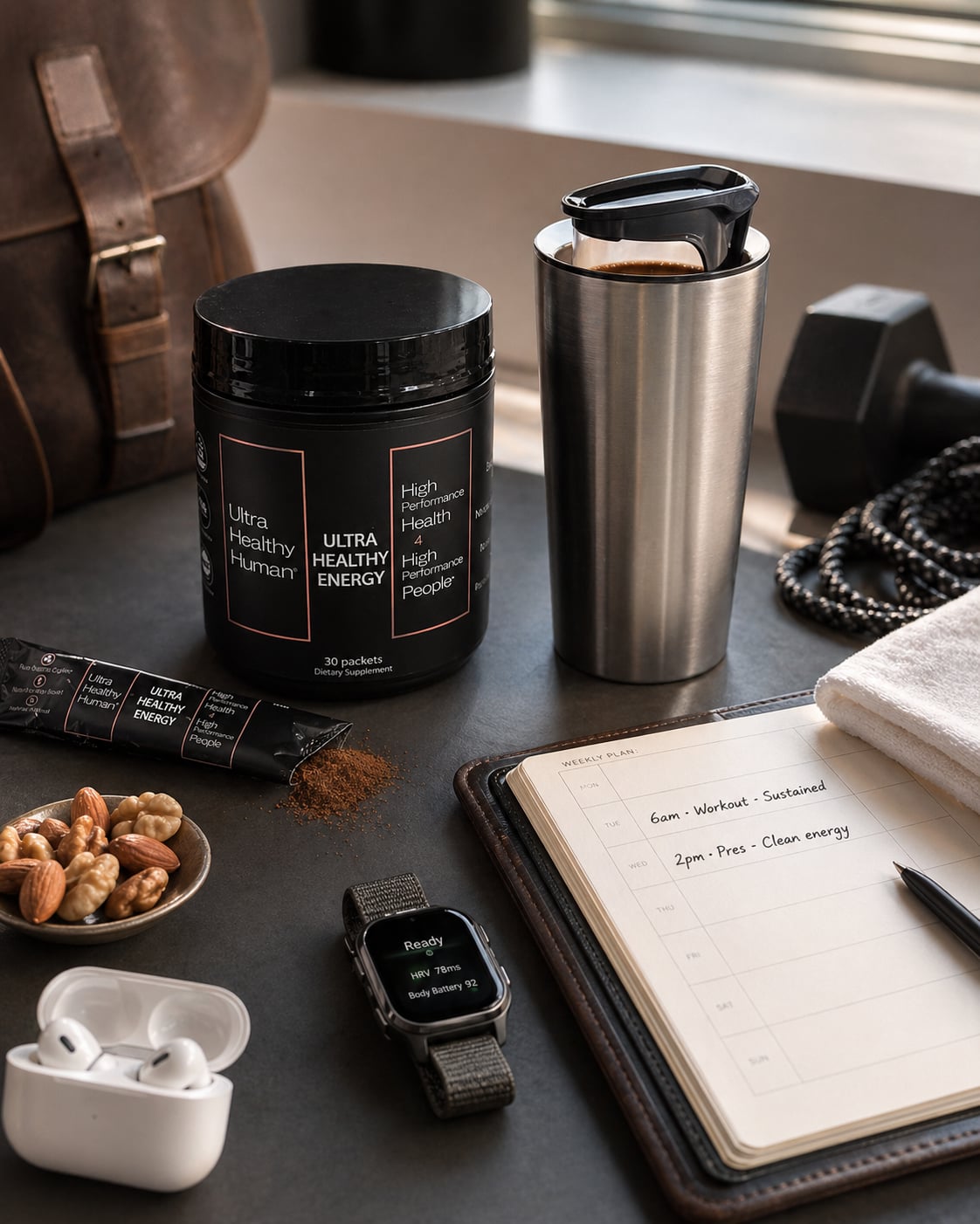 Ultra Healthy Energy packet and glass of the mixed drink, pre-performance morning setup