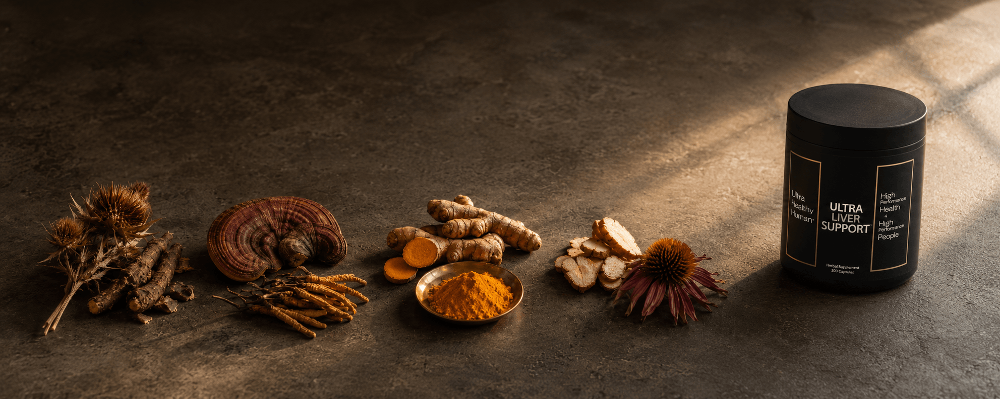 Ultra Liver Support apothecary tray with four traditional botanical clusters