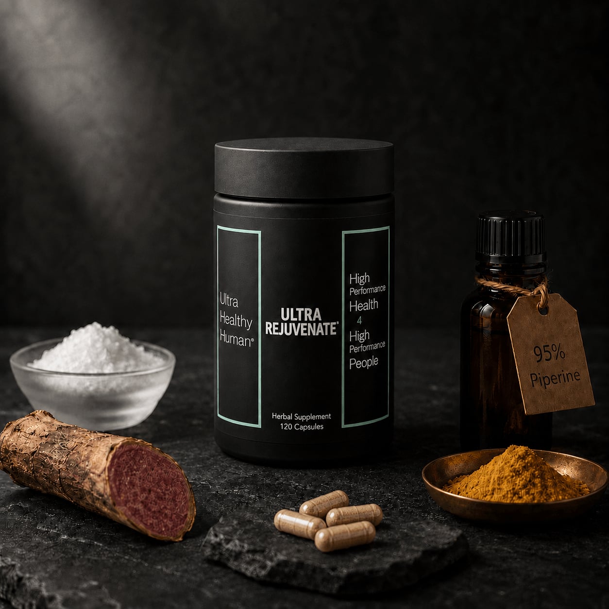 Ultra Rejuvenate canister on a dark slate surface, surrounded by an apothecary still life of longevity-stack ingredients: NMN crystalline powder in a frosted glass dish, Polygonum cuspidatum root showing reddish interior, a small dish of mustard-yellow capsules, and a sliced ginseng root