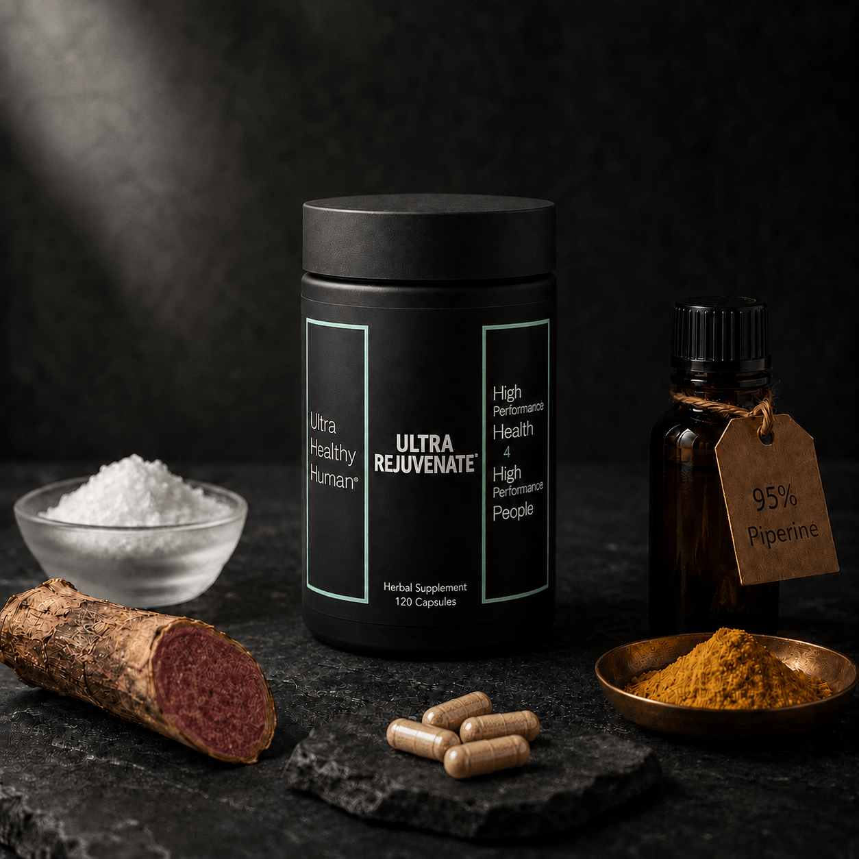 Ultra Rejuvenate canister on a dark slate surface, surrounded by an apothecary still life of longevity-stack ingredients: NMN crystalline powder in a frosted glass dish, Polygonum cuspidatum root showing reddish interior, a small dish of mustard-yellow capsules, and a sliced ginseng root