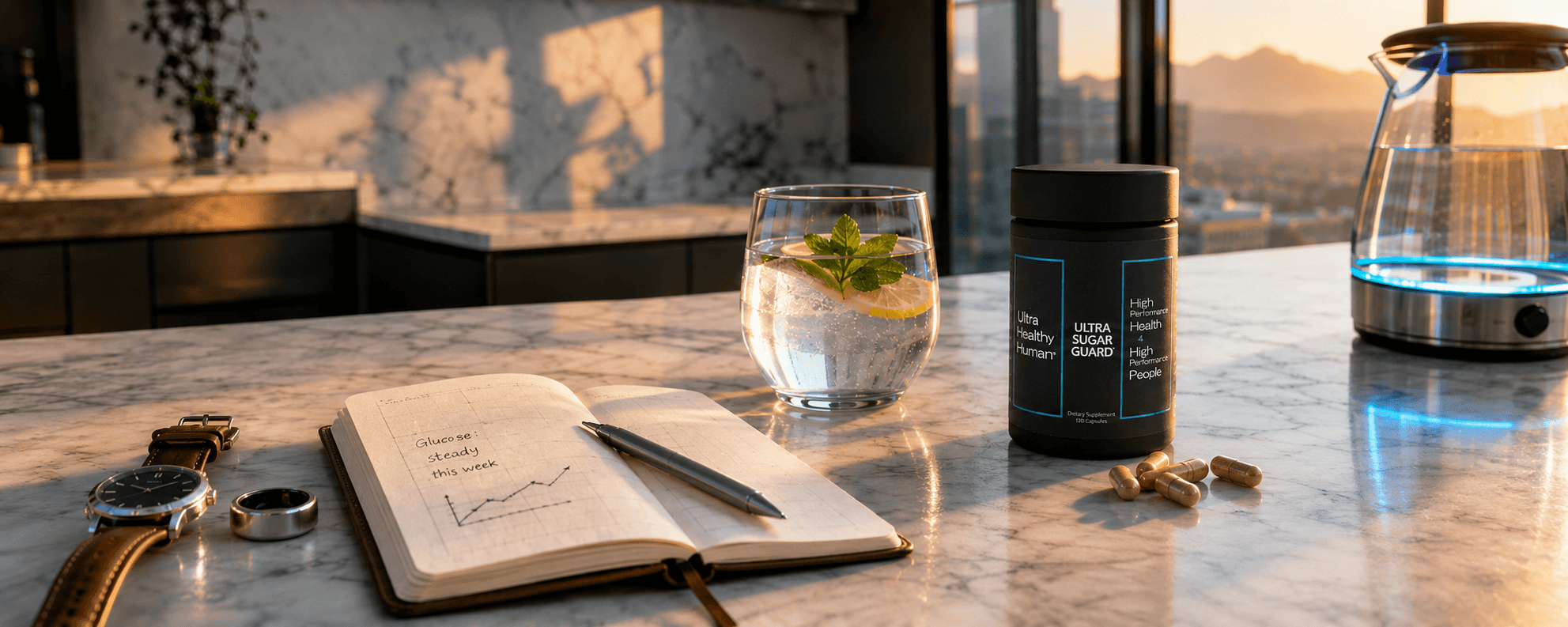 Ultra Sugar Guard dawn ritual on a modern kitchen counter, glass of water with lemon, capsules, planner with steady-glucose note, watch and smart-ring