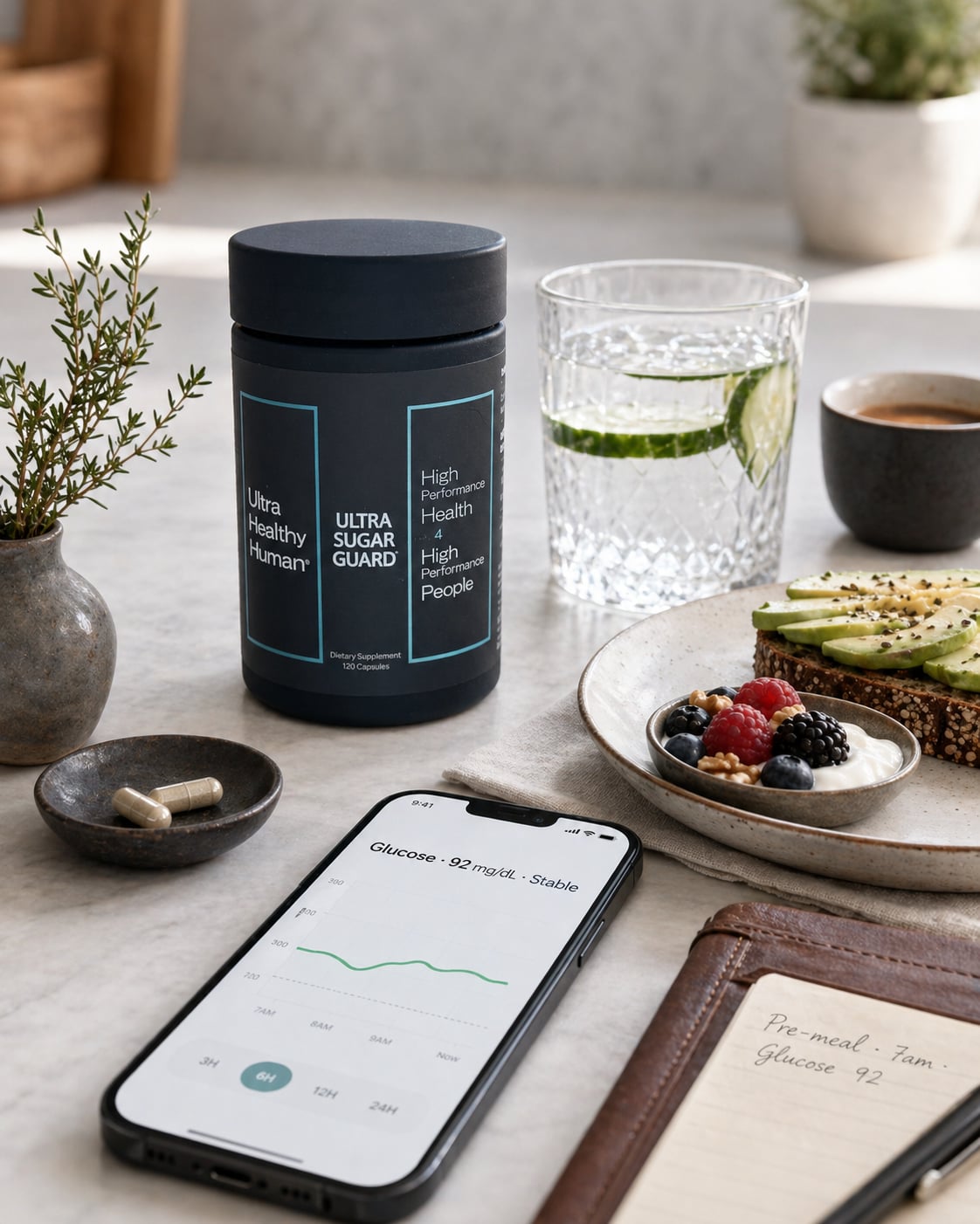 Ultra Sugar Guard canister on a dark slate surface with a small dish of mustard-yellow capsules, fresh ginger root slices, a cinnamon stick, and a cluster of bilberries