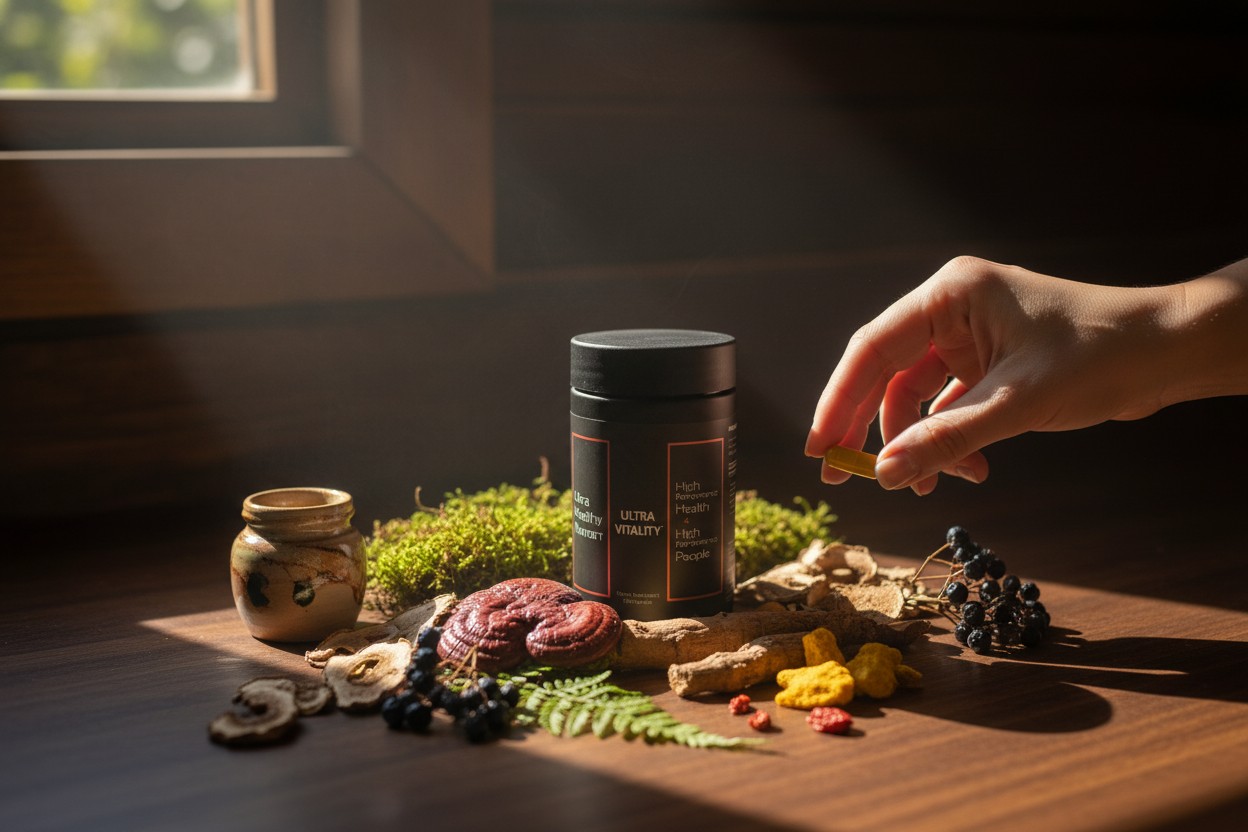 Ultra Vitality apothecary tray showing the four mechanism groupings of botanicals, enzymes, and metabolic modulators arranged on dark slate