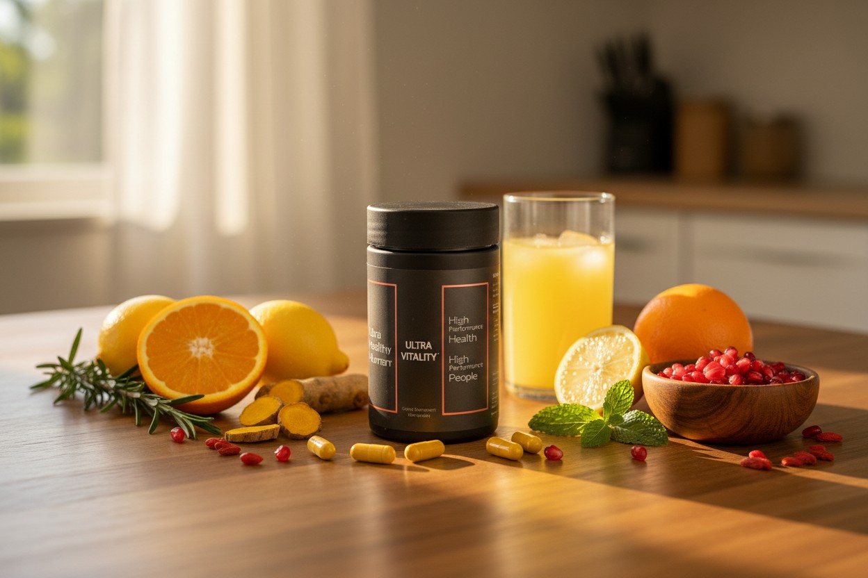 Ultra Vitality canister on a dark slate surface with fresh turmeric root, a small ceramic dish of mustard-yellow capsules, a slice of ginger, and a sprig of bilberries