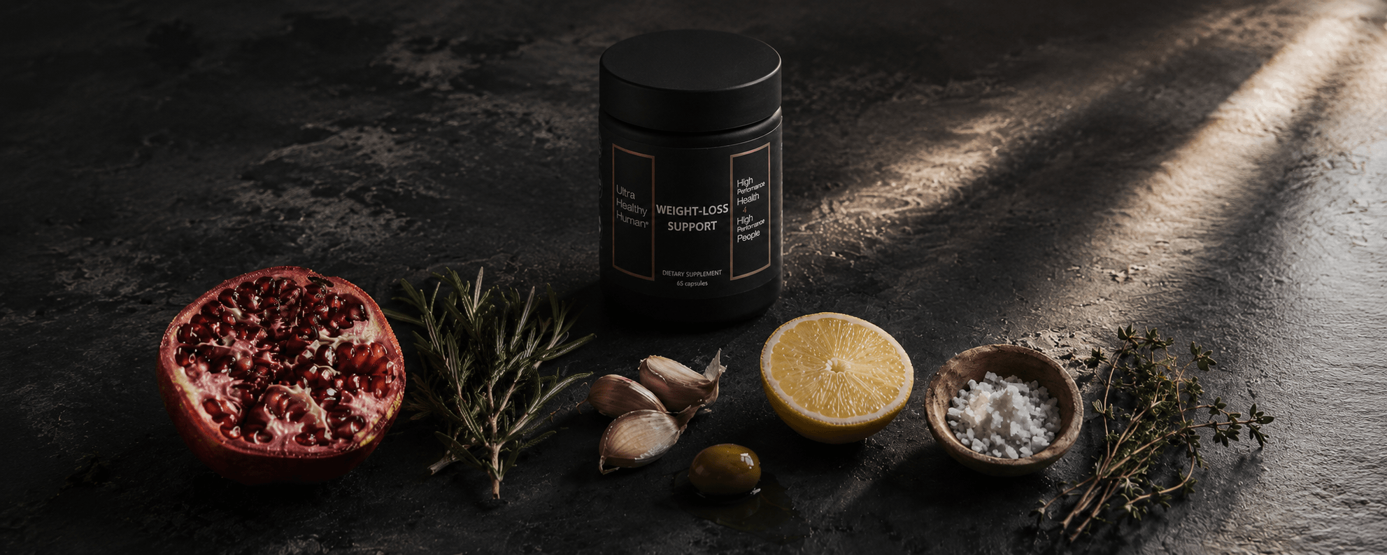 Weight Loss Support apothecary tray showing six botanical specimens grouped into three driver clusters on a cream marble counter