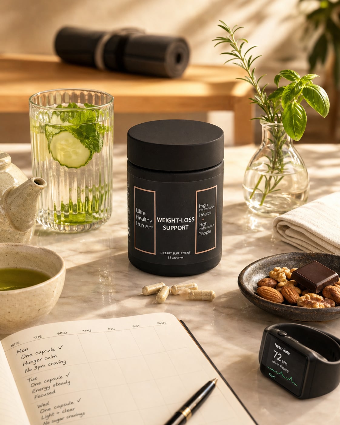 Weight Loss Support canister on a warm cream-marble counter in golden afternoon light, beside a tall faceted glass with lemon-mint water, a small ceramic teapot, basil and rosemary in a bud vase, a dish of mixed nuts with dark chocolate, an open weekly-grid journal with handwritten meal notes, and a folded yoga mat softly out of focus