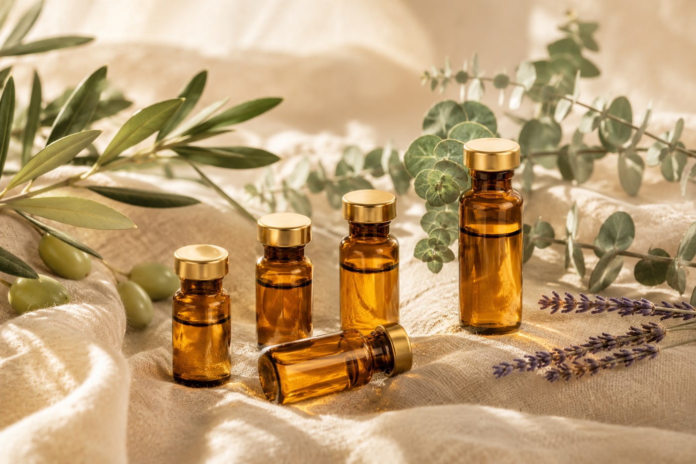 Amber wellness vials with gold caps on soft linen, framed by olive, eucalyptus, and lavender