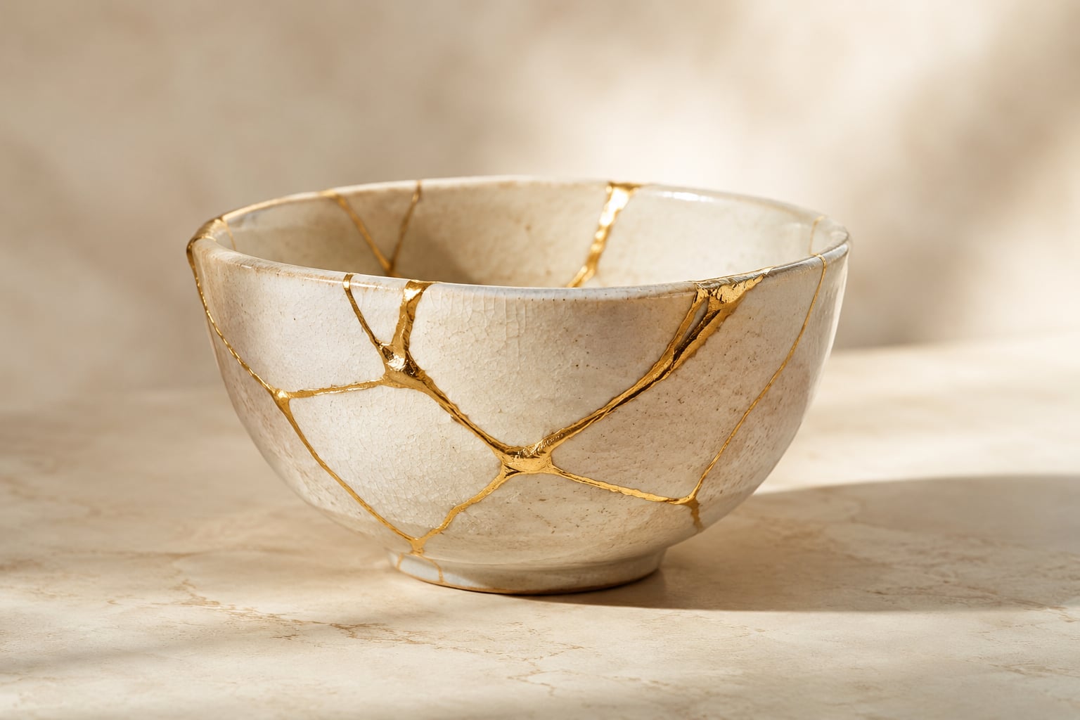 A pale ceramic bowl mended with veins of gold in the kintsugi style, restoration made whole