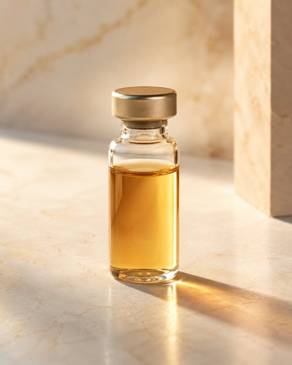 A single vial of warm golden serum on pale stone in soft directional light