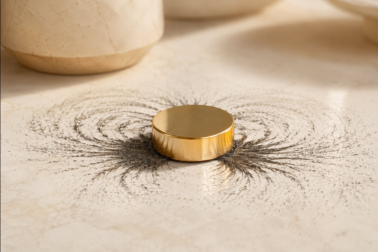 A polished brass magnet drawing fine iron filings into graceful arcs on pale stone