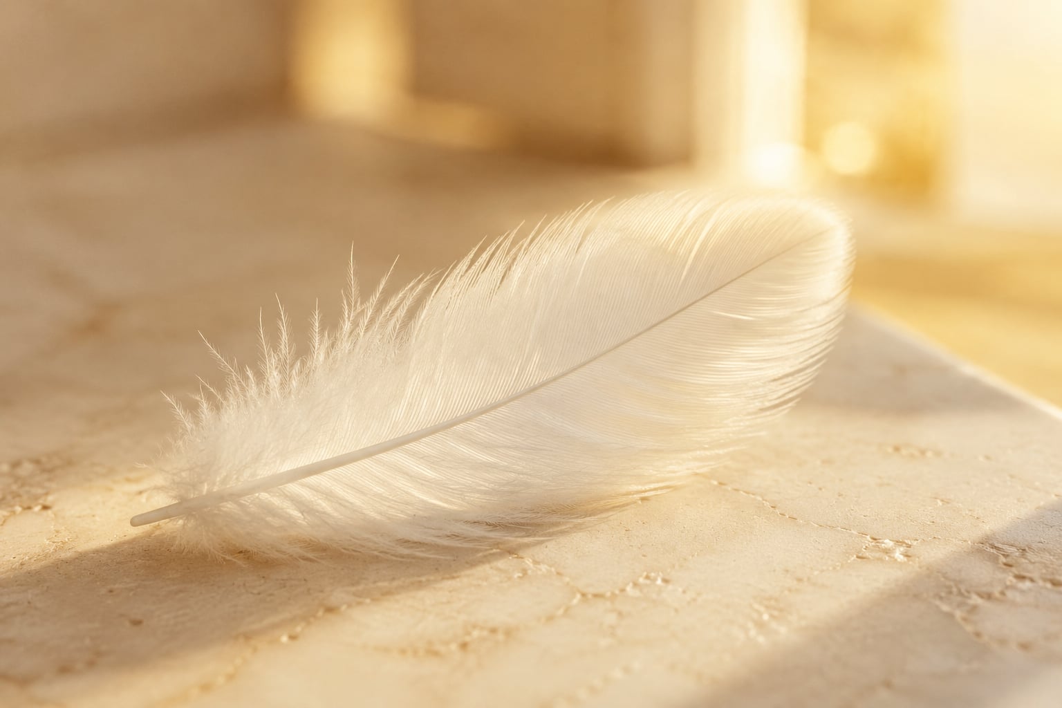 A single soft white feather resting on pale marble in warm golden light