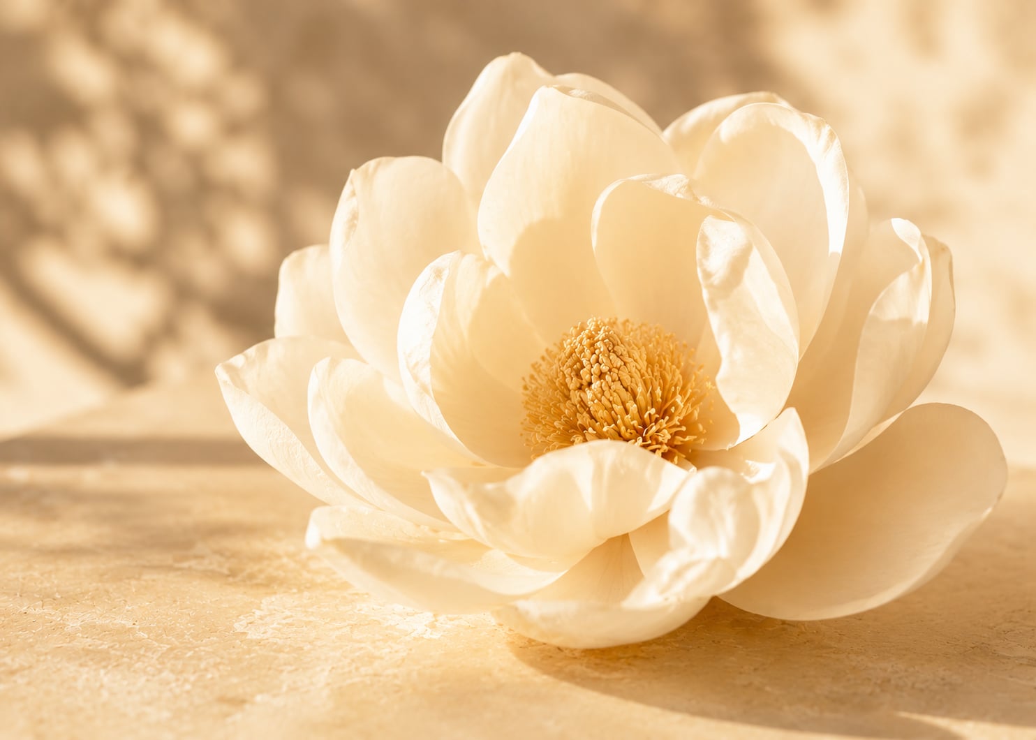 A soft cream bloom in warm dappled morning light on pale stone