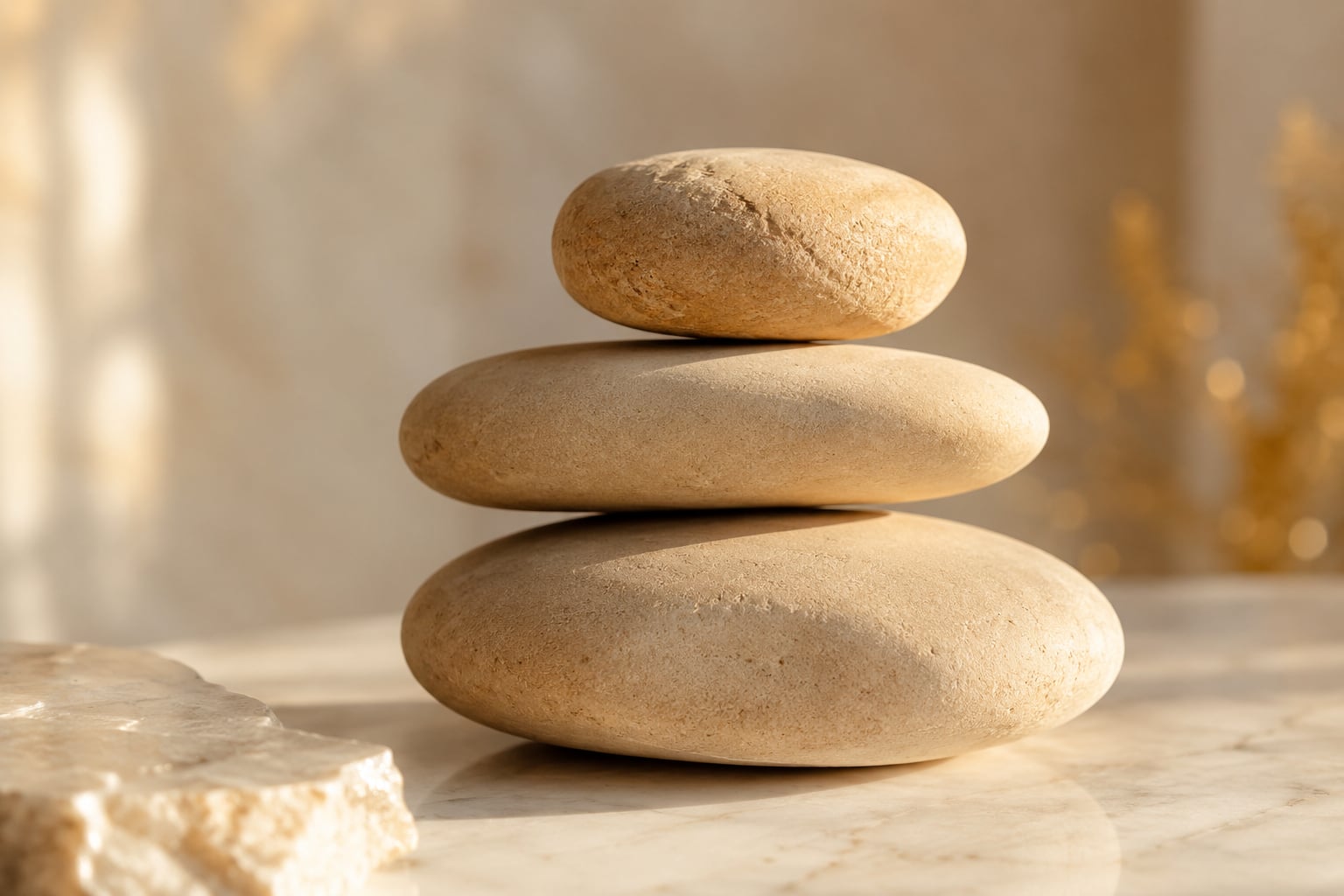 Three smooth warm stones balanced in a stack on pale marble in soft morning light