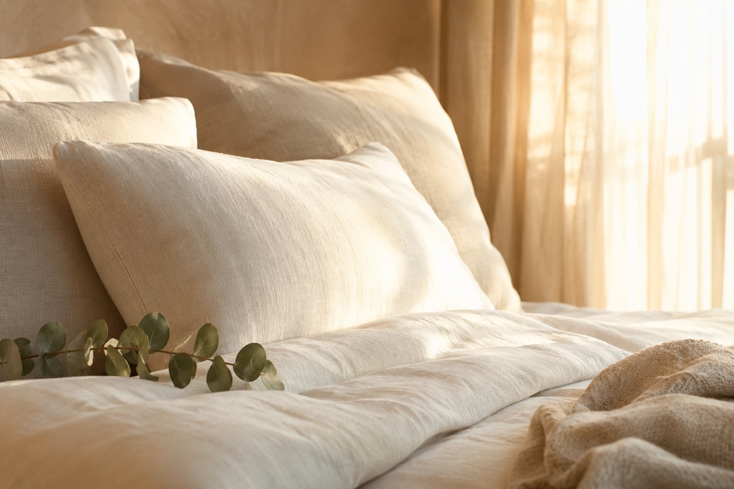 A luxurious bed dressed in soft linens in warm golden light, rest and renewal