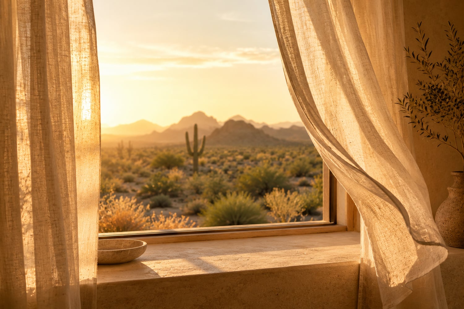 A tranquil corner of the wellness retreat in warm golden light