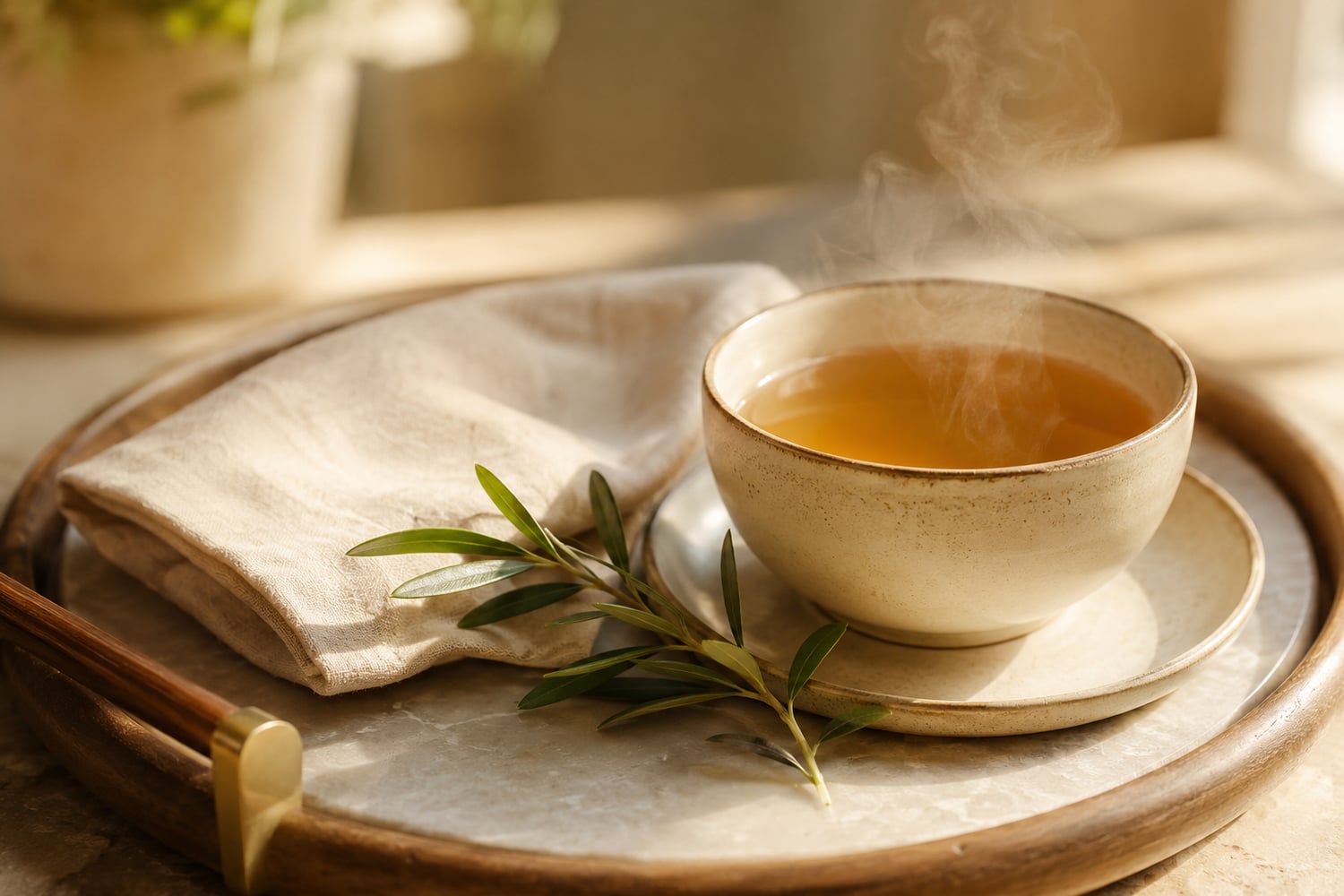 A warm cup and a fresh sprig in soft golden light, hospitality and care