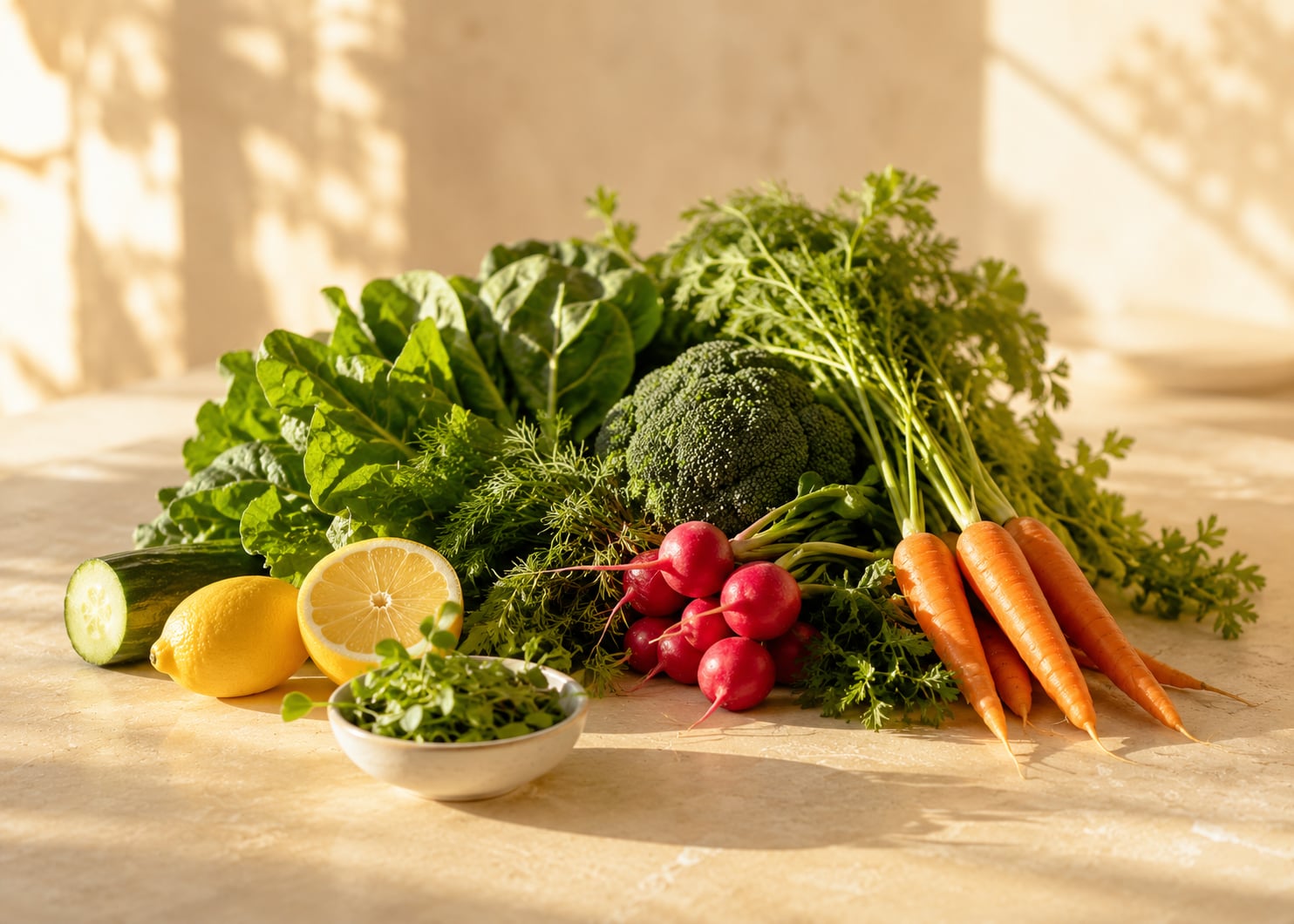 A fresh whole-foods spread of greens, broccoli, carrots, radishes, cucumber, and lemon in warm morning light