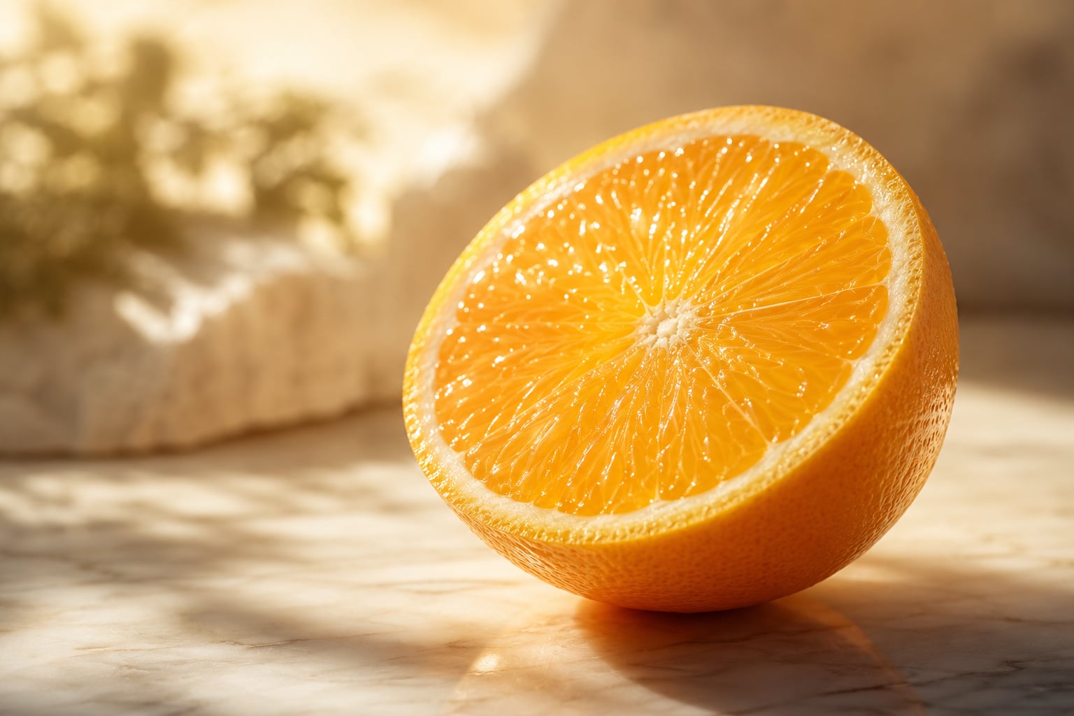 A fresh orange cut in half, glowing in warm morning light on pale stone
